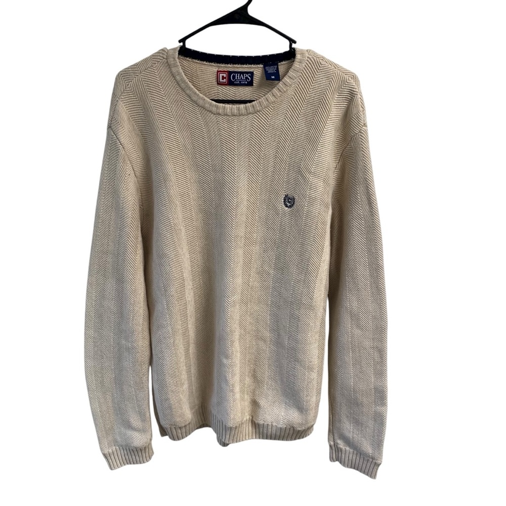 Chaps Cream Sweater for Men Herringbone Knit Embroidered Logo Vintage‎ 90’s M